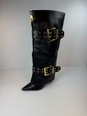 AKIRA ROOVER Black Knee High Buckle Boots Gold Hardware Stiletto Heels 8.5 9